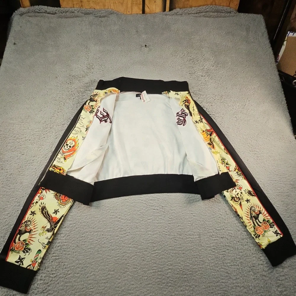 Ed Hardy Track Jacket Womens XL Shrunken Flashboard Multi Tattoo Cropped Y2K AOP